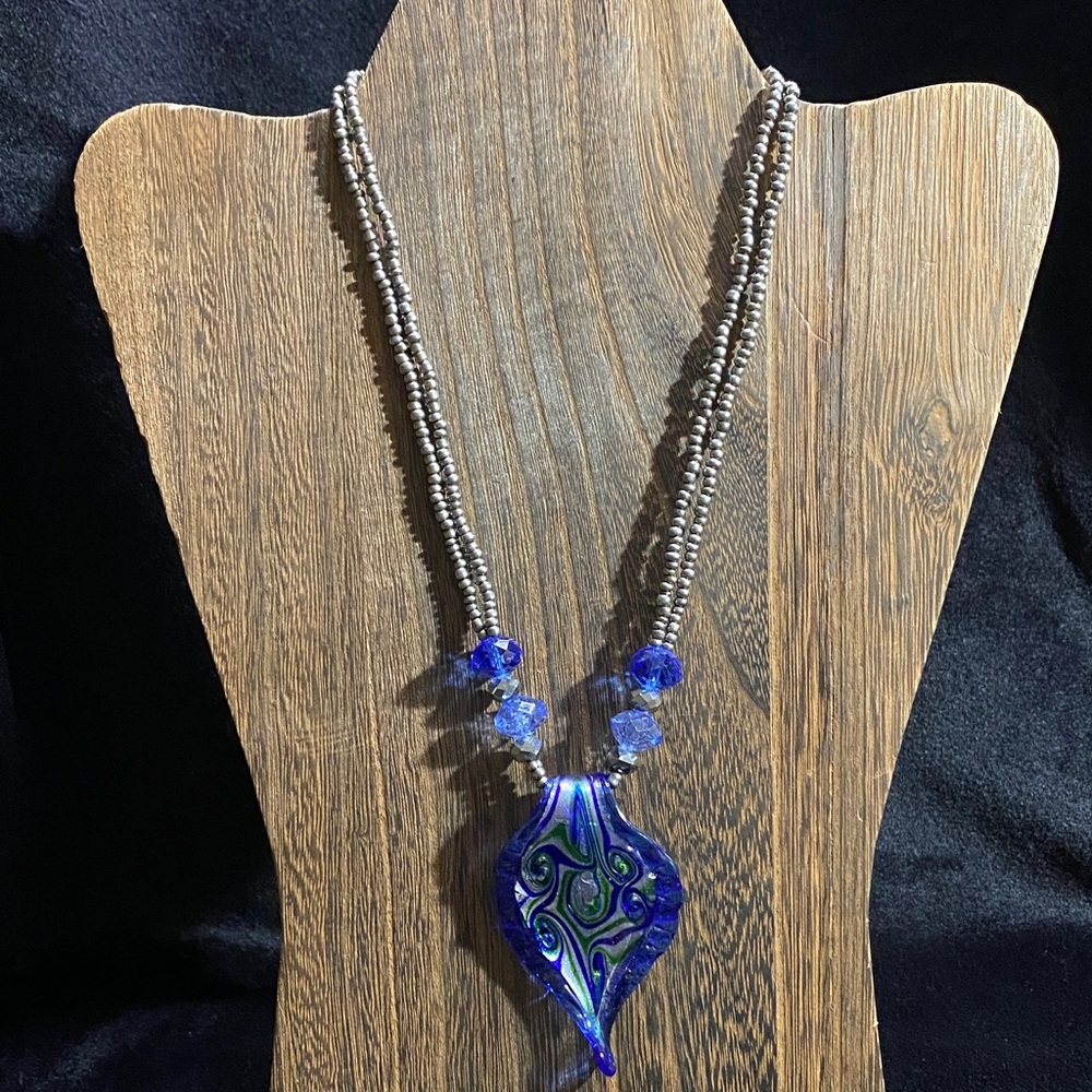 Artisan Blue and Gray Leaf Glass Pendant Seed Bead Necklace
